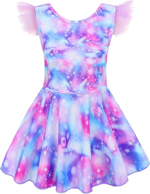 Girl One Piece Swimsuit with Short Modest Beach Swim Dress Printed Skirted Bathing Suit
