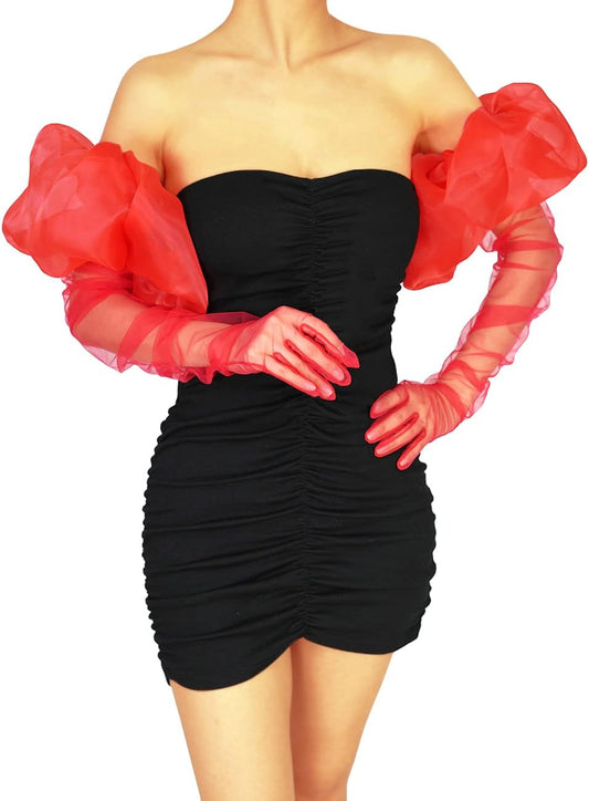 Super Puff Women's Sheer Long Oversize Tulle Mesh Gloves for Cocktail Opera Party with Puff Sleeve