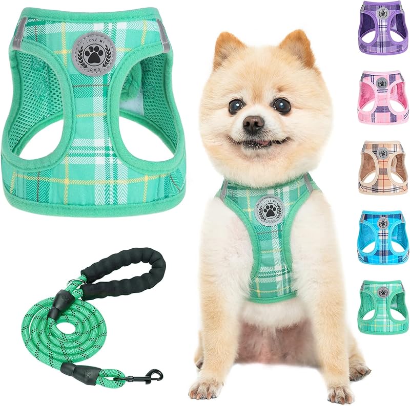 BEAUTYZOO Plaid Dog Harness and Leash Set for XS S Pets, Step-in No Choke No Pull Soft Mesh Vest Harness, Reflective for Extra-Small/Small Medium Puppy Dogs and Cats, Beige S