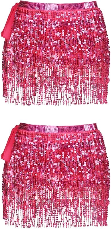 Women Belly Dance Skirt Tassel Fringe Skirts Sparkly Sequin Hip Scarf Party Costume