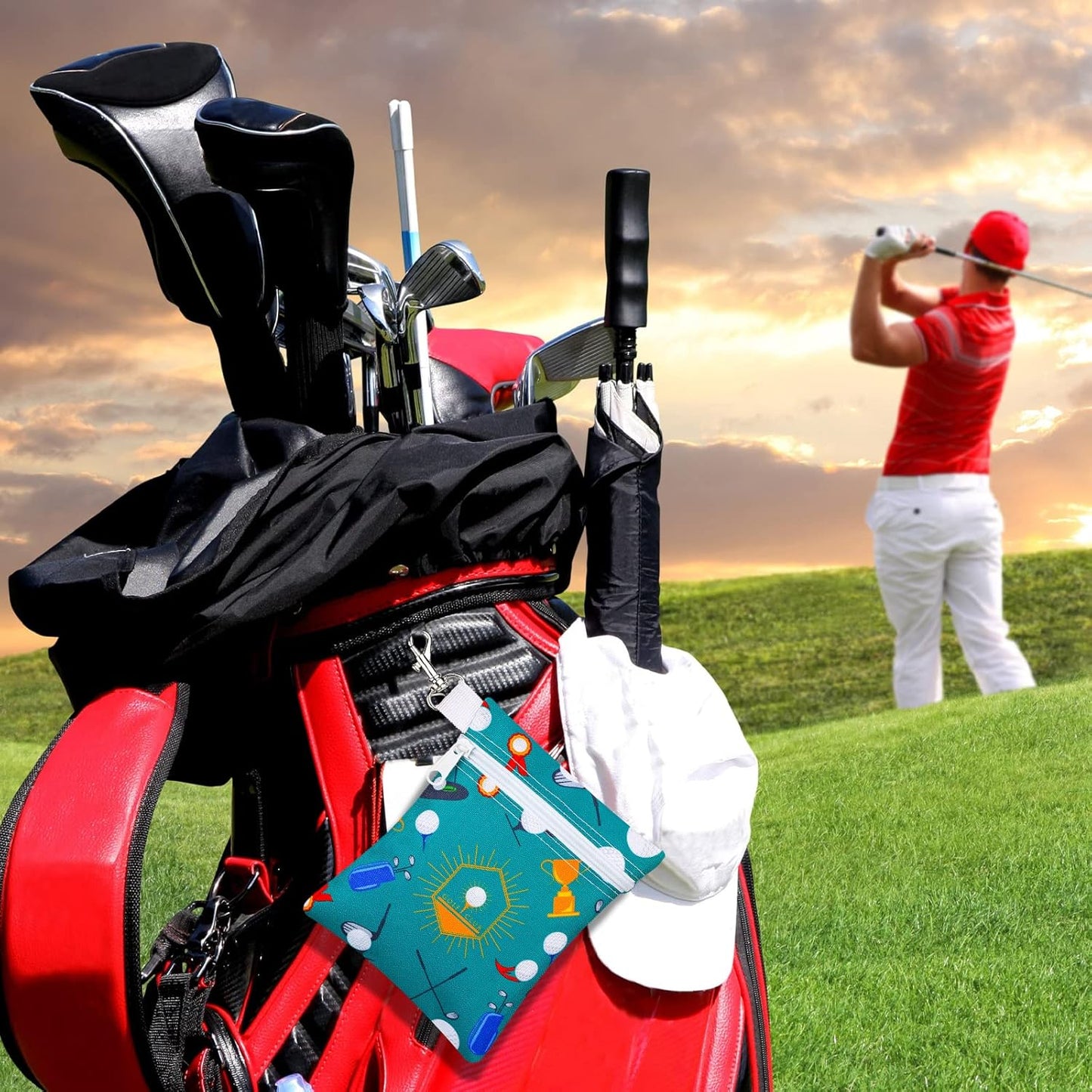 Silkfly 4 Pcs Golf Tee Bag 5.62 x 6.87 Inch Zipper Pouch Tee Holder Pouch with Metal Lobster Claw Clip Gifts Accessories for Men Women Golf Lover Player, 4 Styles(Stylish)