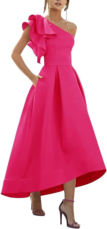 One Shoulder Satin Mother of Bride Dresses 2025 High-Low Ruffle Formal Evening Party Gowns
