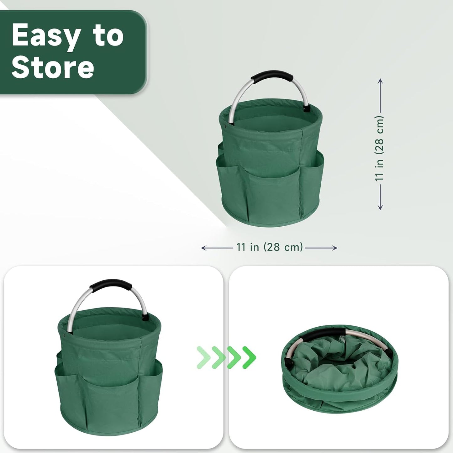 Collapsible Basket with Handles: Portable Picnic, Beach, Garden Harvest， Market Shopping Basket, Home Storage, Bathroom Organizer（Green）