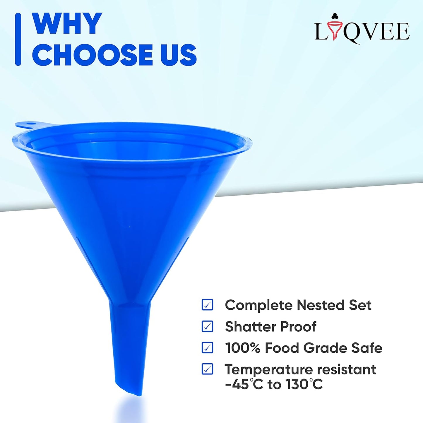 Liqvee Funnel Blue in 4 Different Sizes (122, 101, 76 & 50mm) Durable & Non-Toxic Food Grade Plastic -Funnels for Filling Bottles or Containers – Ideal for Kitchen, Garage & Labs (Blue)