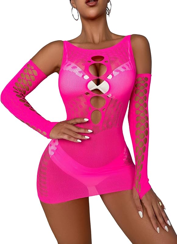 RechicGu Women's Fishnet Lingerie Mesh Hole Chemise Lingerie Long Sleeved Babydoll Bodysuit Dress Free Size for Women