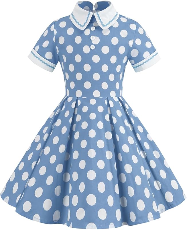 Kids Girls Vintage Polka Dot 50's Girls Dress Short Sleeve Turn-Down Collar Swing Dress Party Dress