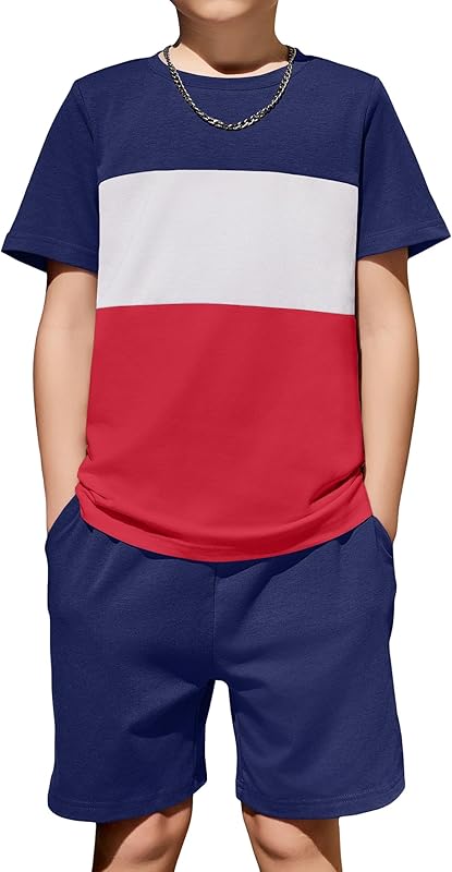 Arshiner Boys' 2-Piece Cotton Outfit Color Block T-Shirt and Shorts Set Casual Summer Clothes for Kids 6-14 Years