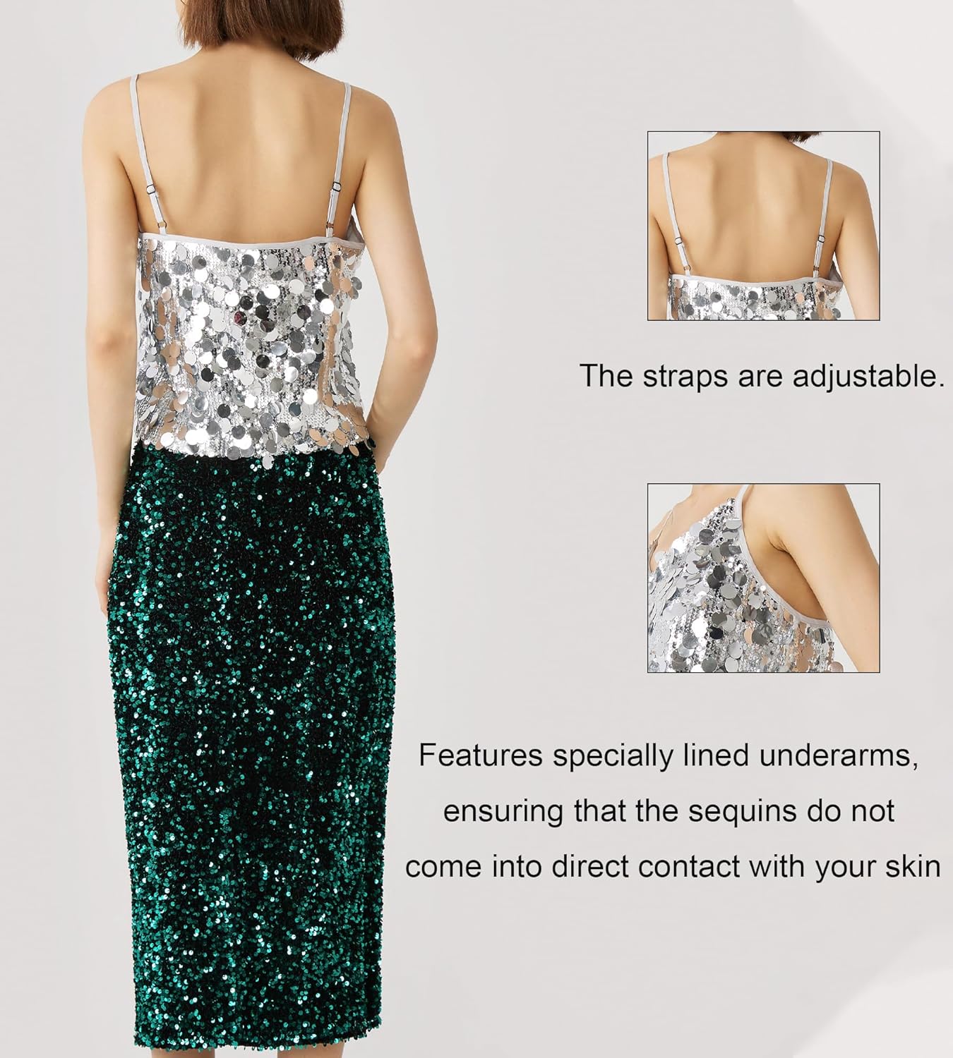 Women's Sequin Tops - V-Neck Sparkle Tank Tops - Spaghetti Strap Shimmer Camisole Party Club Cocktail Cami