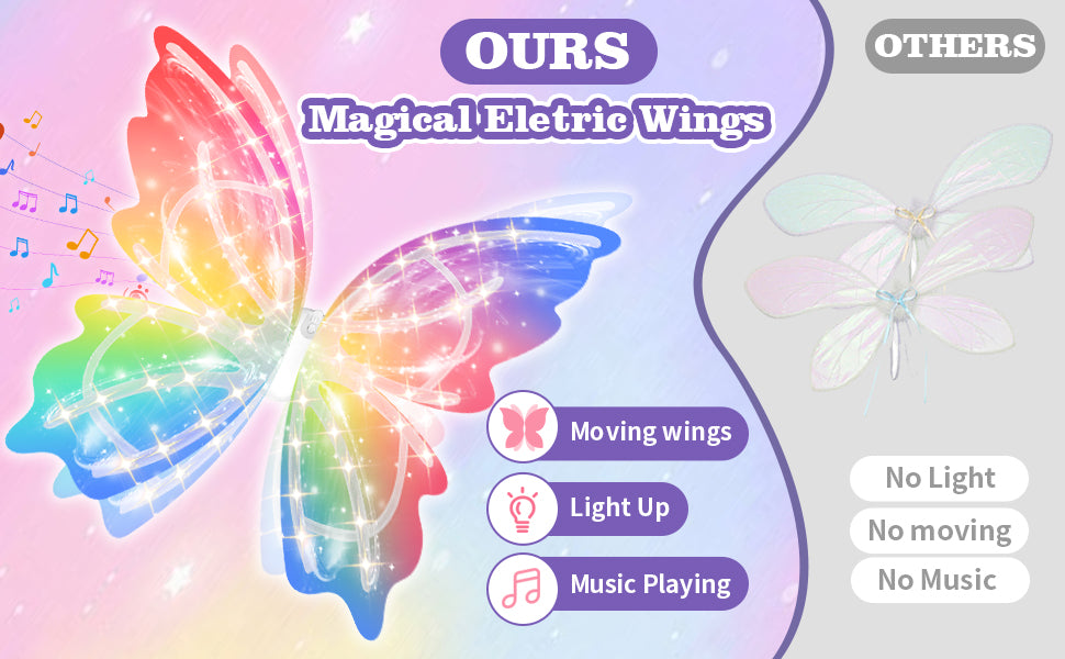 Electric Fairy Wings and princess wand for Girls, Princess Dress up Costume, Moving Butterfly Wings with LED Lights and Music, Toys for Kids as Halloween Birthday Christmas Party Cosplay Gift