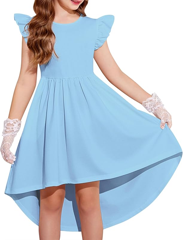 Arshiner Girls Summer Dress Tween Flutter Sleeve High Low Formal Dresses for Wedding Party with Pocket
