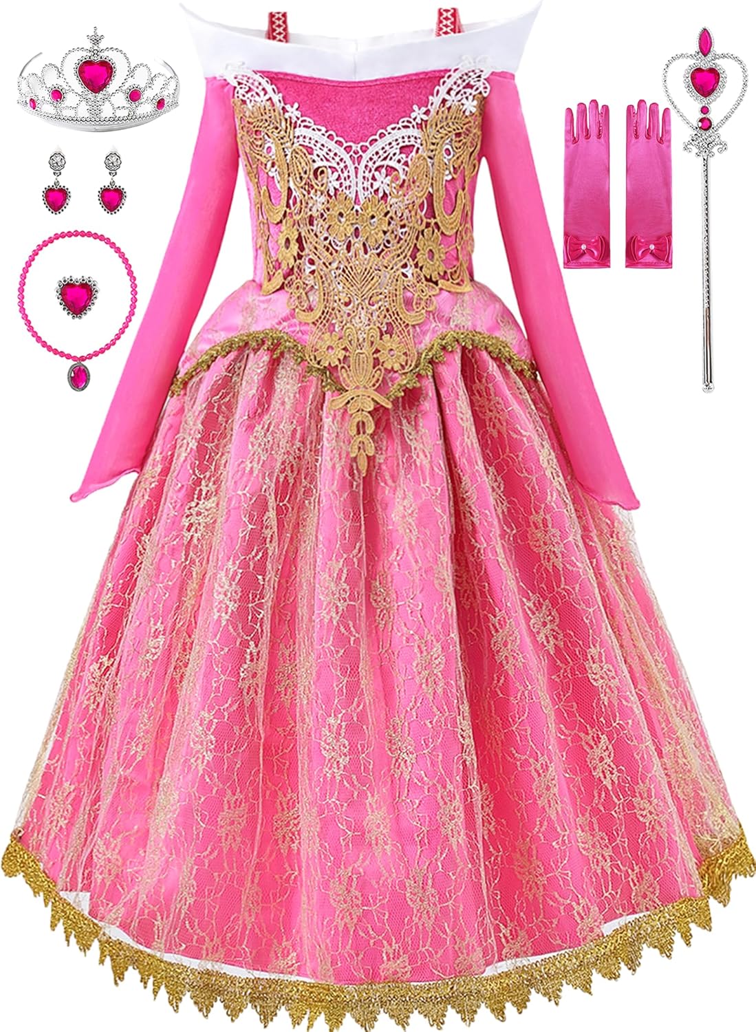 Girls Princess Costume Dresses Pink Princess Dress Up Clothes with Accessories for Halloween Cosplay Carnival Party