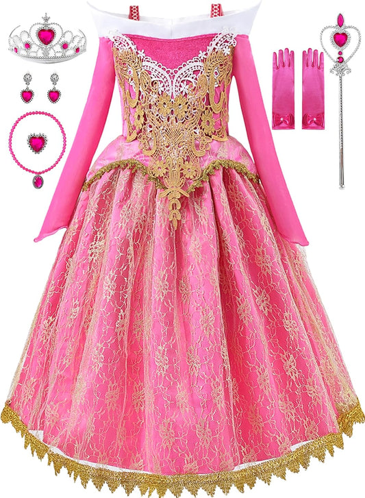 Girls Princess Costume Dresses Pink Princess Dress Up Clothes with Accessories for Halloween Cosplay Carnival Party