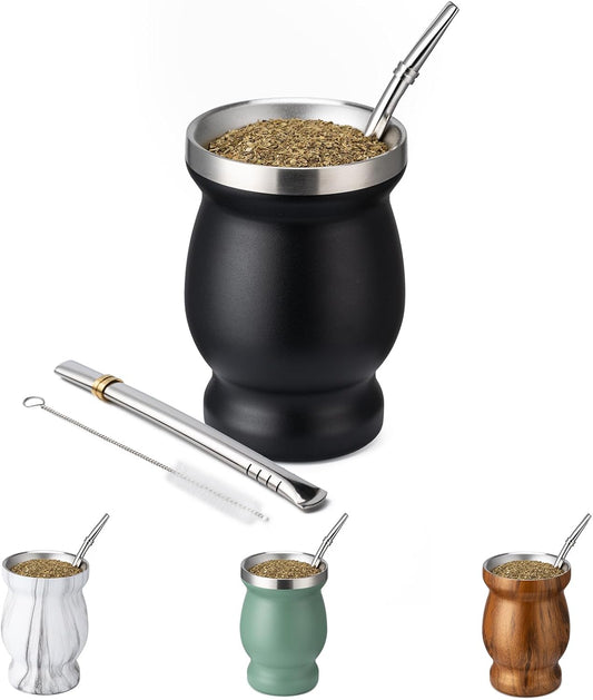 8oz Yerba Mate Cup, 304 Stainless Steel Double-Wall Mate Cup, Heat Insulation Yerba Mate Gourd, Tea Cup Set Includes Cleaning Brush & 2 Bombillas (Black)