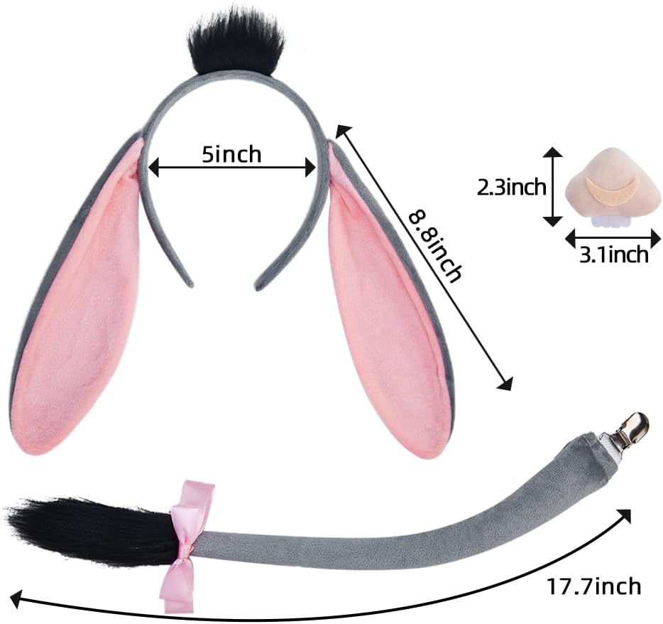 Donkey Cosplay Costume Accessories Adult Donkey Tail Ears Nose Suit Halloween Outfit Props Set 3Pcs