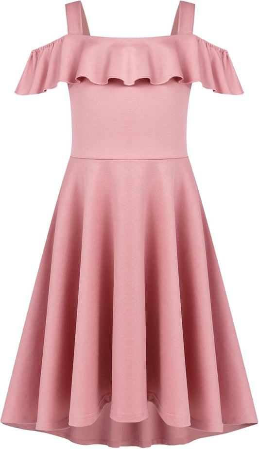 Arshiner Girls Summer Dress Off Shoulder Children's Dress Ruffle Sleeves Elegant Strap Dress Children A Line Swing Dress High Low Dress Casual Dresses with Pocket 4-13Years