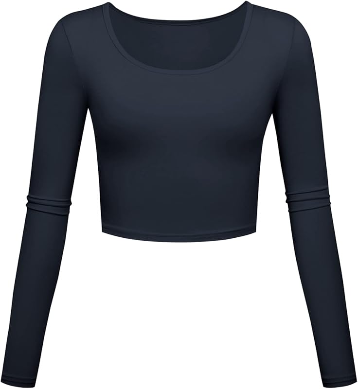 Long Sleeve Crop Tops for Women Workout Basic Clothes for Teen Ladies Fitted Slim Scoop Neck Cute Yoga Shirts
