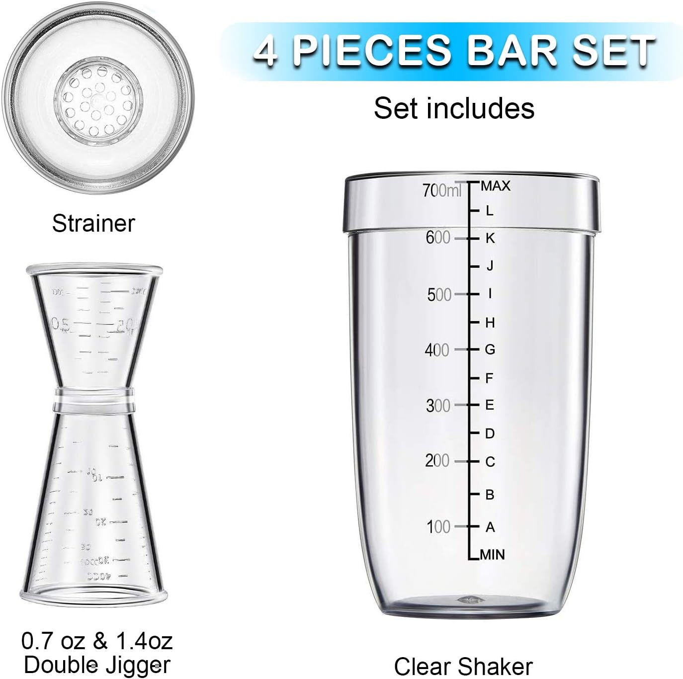 4 pcs Clear Cocktail Shaker Set 2 pcs Plastic bar Shaker with 2 pcs Plastic Cocktail Double Measuring Jigger