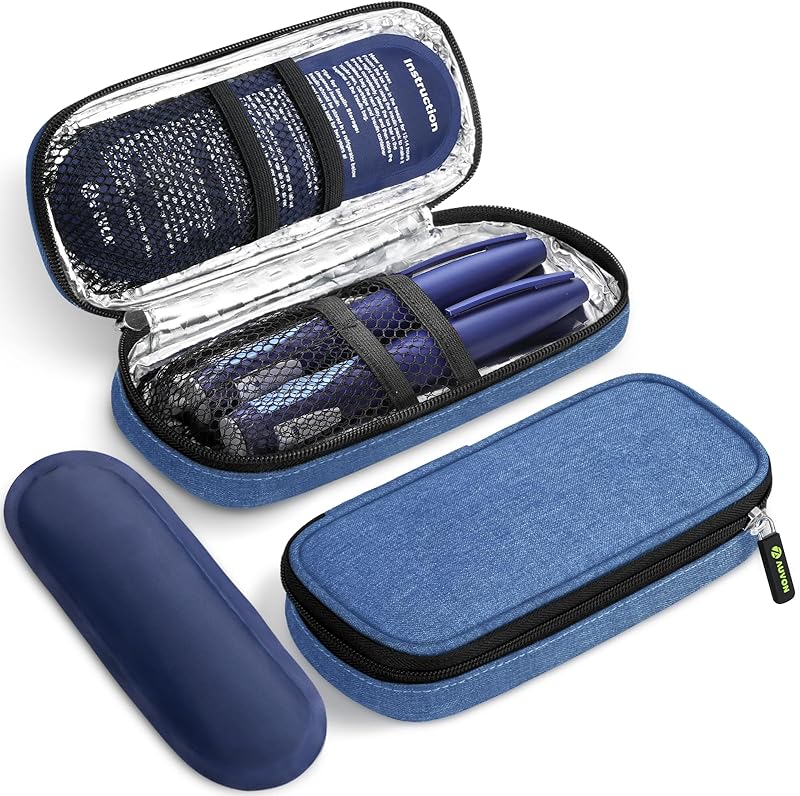 AUVON Insulin Pen Cooler Travel Case with 2 x 90g TSA Approved Ice Packs, Diabetic Medication Insulated Cooling Bag for Insulin Pens and Diabetic Supplies Storage, Compact for Daily Life and Trips