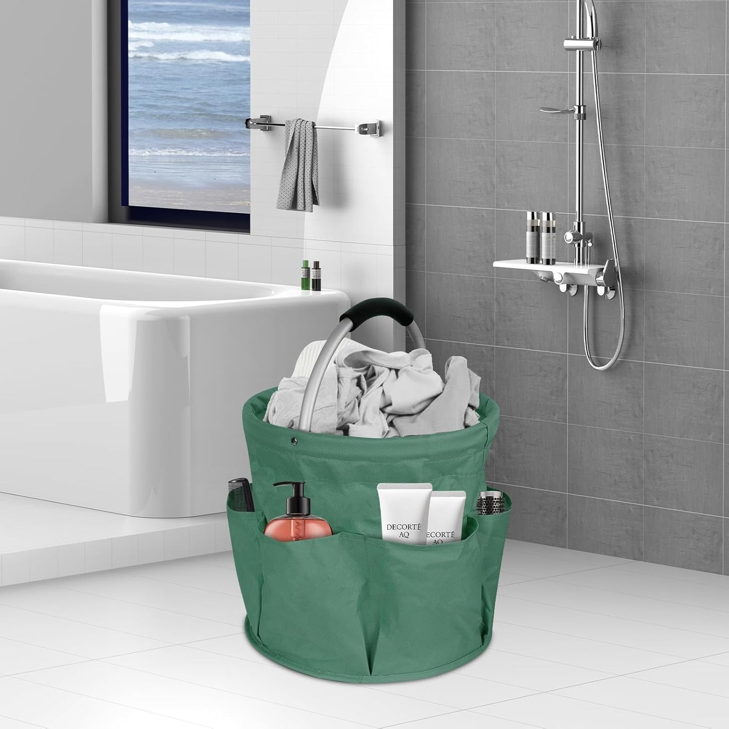 Collapsible Basket with Handles: Portable Picnic, Beach, Garden Harvest， Market Shopping Basket, Home Storage, Bathroom Organizer（Green）