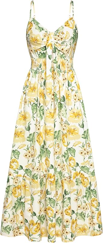 GRACE KARIN Women's 2025 Summer Maxi Dress Floral Tie Front Spaghetti Strap Casual Boho Beach Flowy Sundress with Pockets