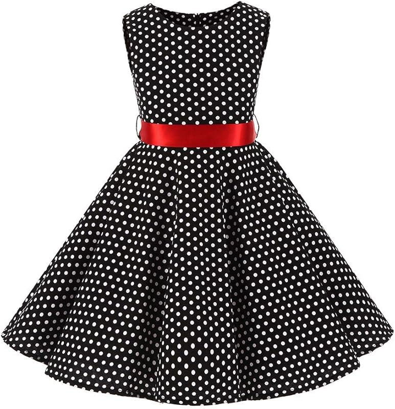 Kids Girls 50s Audrey Vintage Polka Dot Swing Party Rockabilly Dress Retro Peter Pan Doll Collar Wedding Casual Skater Dress
