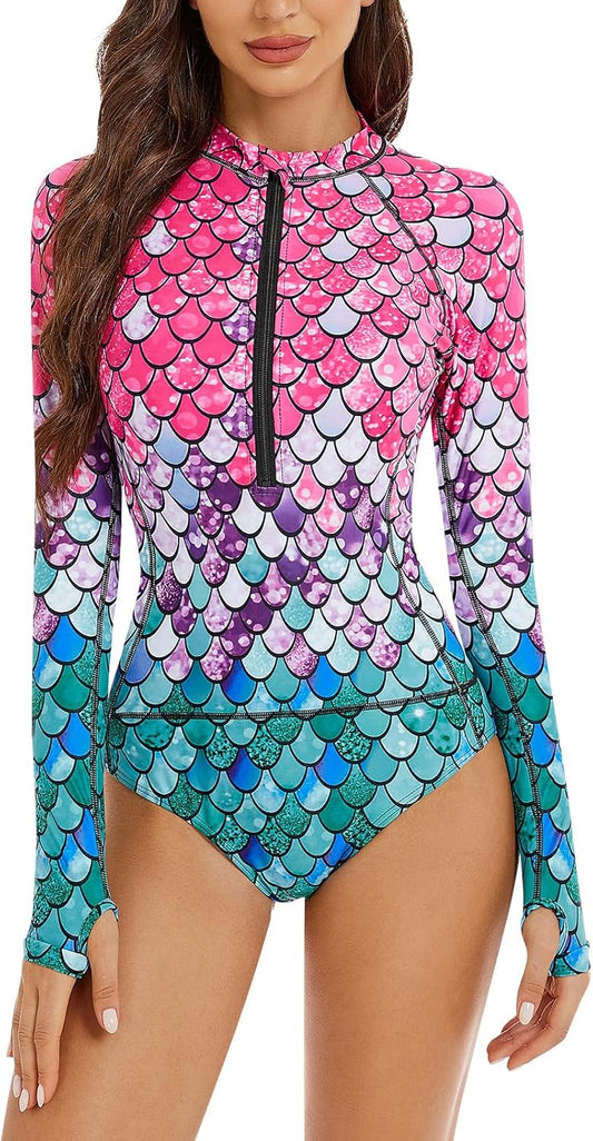 Women One Piece Long Sleeve Rash Guard UV Protection Surfing Swimsuit Swimwear Bathing Suit