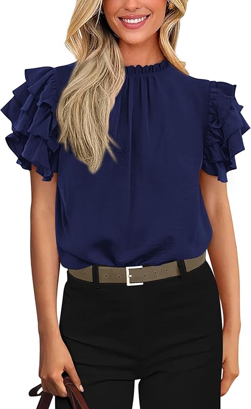 KIRUNDO Womens Blouse 2025 Spring Summer Dressy Casual Ruffle Short Sleeve Frill Mock Neck Work Shirt Tops Fashion Clothing