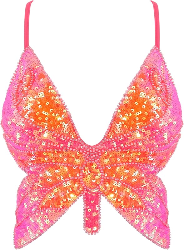 Mocure Womens Glitter Sequin Butterfly Crop Top Low-Cut Tank Top Rave Tube Vest Top for Belly Dance Costume Outfits