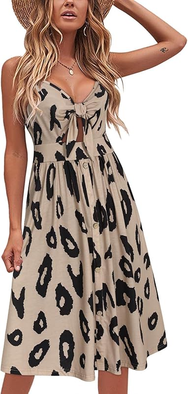VOTEPRETTY Womens Summer Dresses Tie Front Beach Dress Spaghetti Strap Sundress with Pockets for Party Vacation