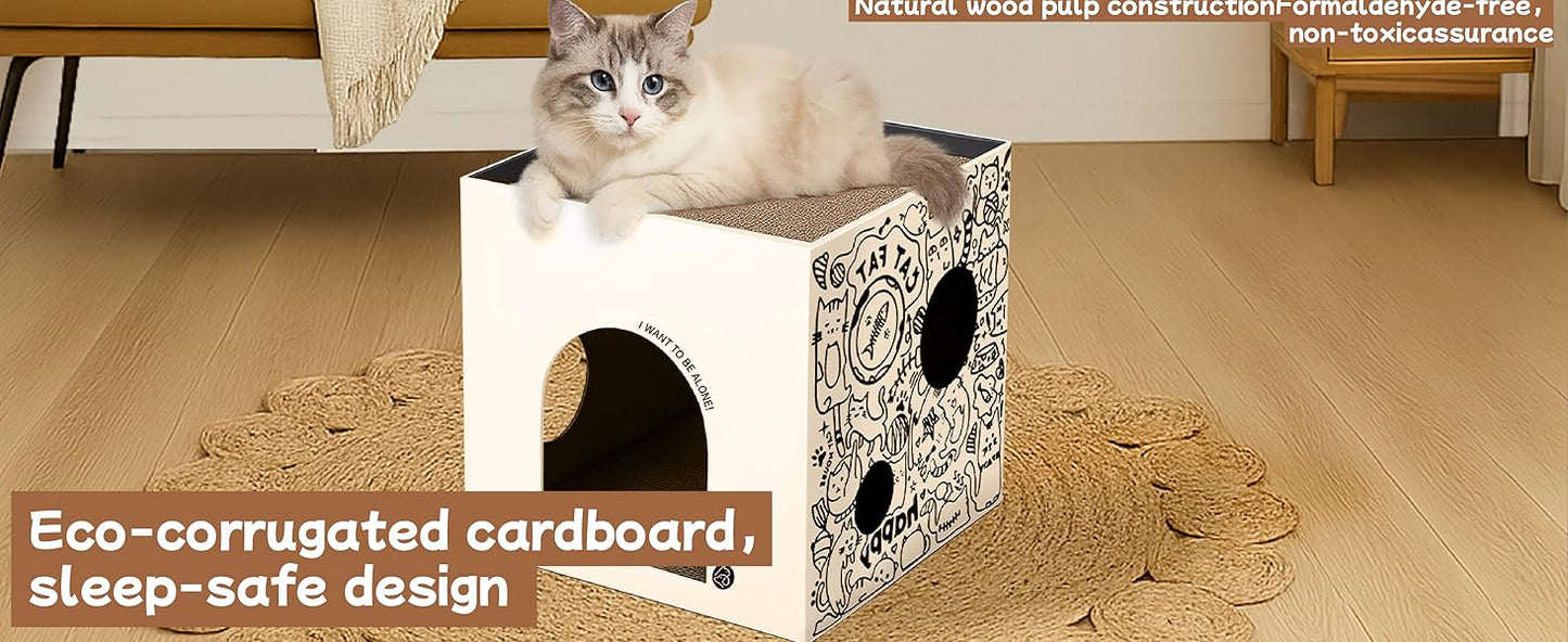 Dual-Level Cat Scratcher & Cozy Cat Cave House - Space-Saving Durable Corrugated Fiberboard for Indoor Cats, Furniture Protector with Adventure-Ready Design Cardboard Cat House