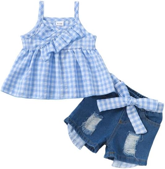 Kucnuzki Baby Girl Clothes Toddler Girl Summer Two Piece Outfit Kids Ruffle Sleeveless Plaid Tops Denim Jeans Shorts Set