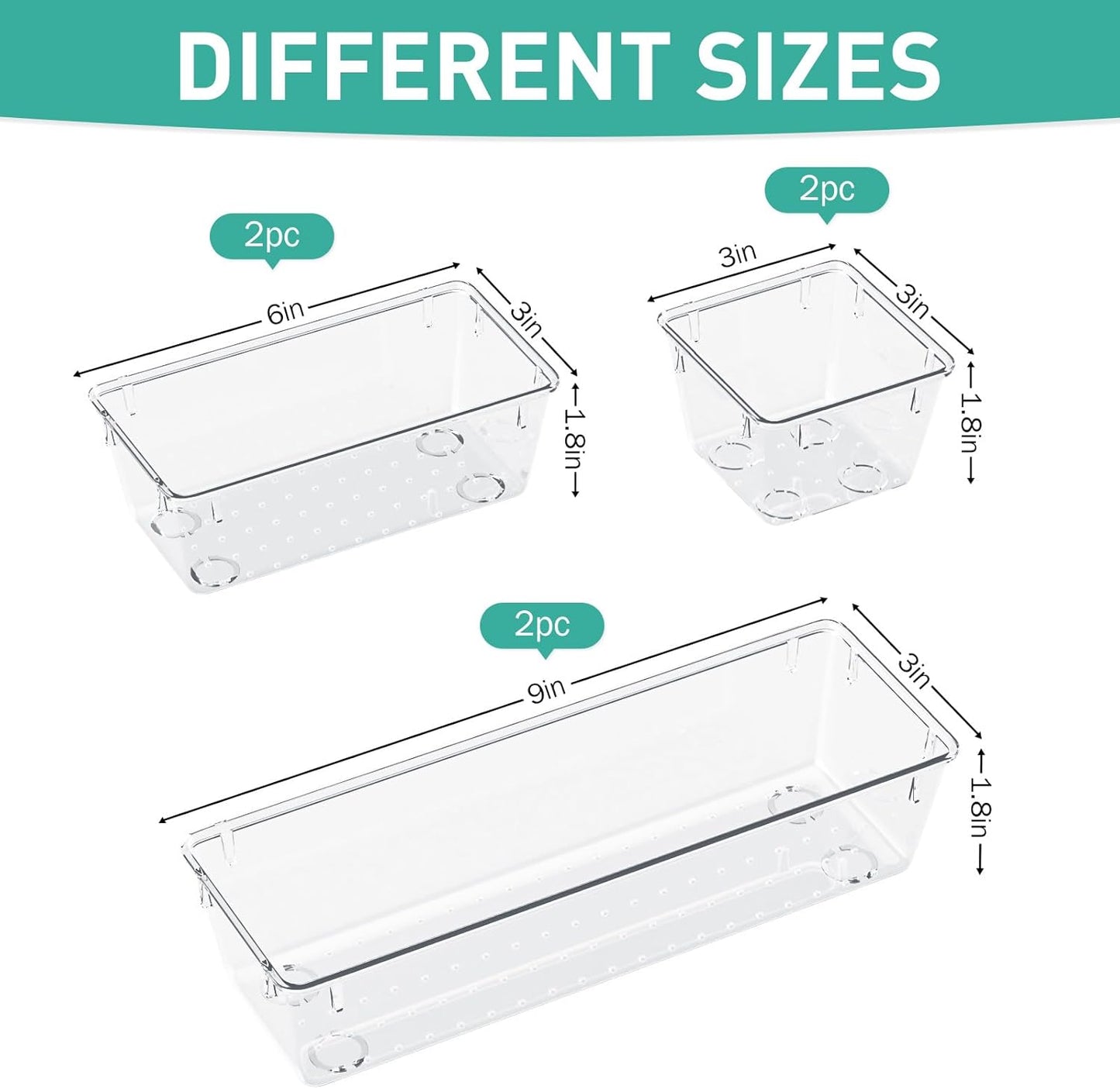 WOWBOX 6 Pack Clear Drawer Organizer Set, Acrylic Drawer Storage Trays, Storage Bins for Makeup, Cosmetics, Jewelries, Utensils, Gadgets, Office