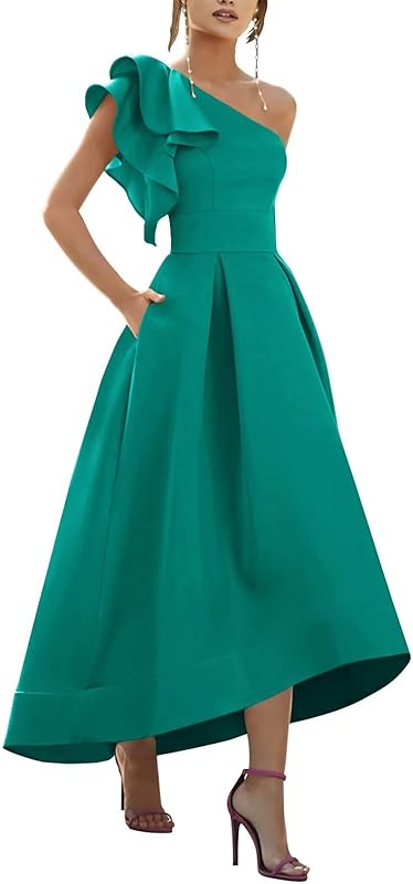 One Shoulder Satin Mother of Bride Dresses 2025 High-Low Ruffle Formal Evening Party Gowns