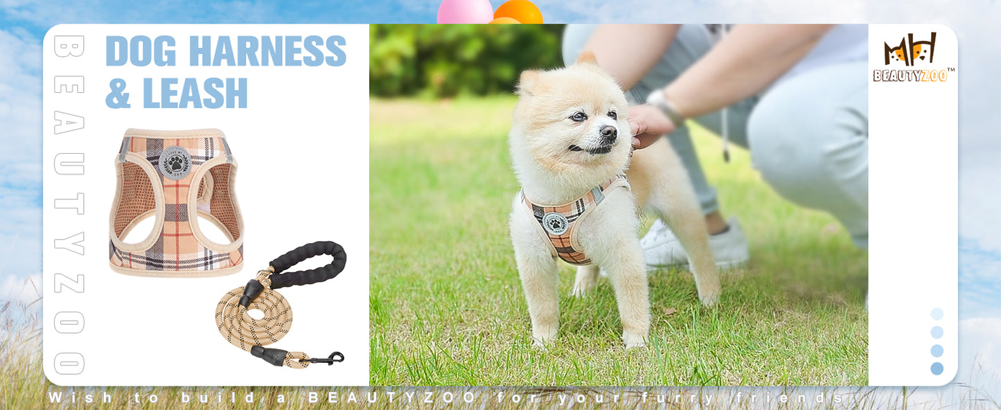 BEAUTYZOO Plaid Dog Harness and Leash Set for XS S Pets, Step-in No Choke No Pull Soft Mesh Vest Harness, Reflective for Extra-Small/Small Medium Puppy Dogs and Cats, Beige S
