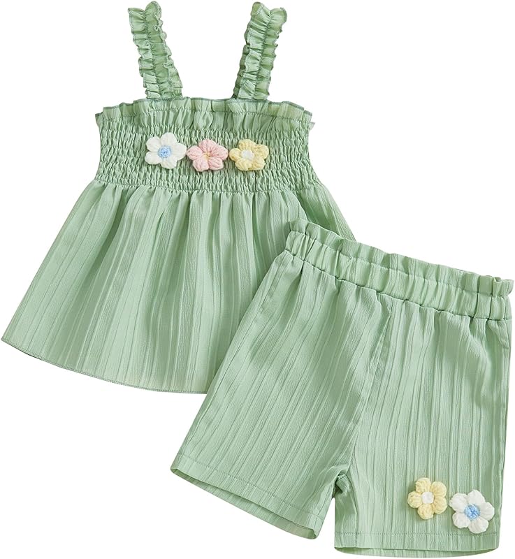 Toddler Baby Girl Summer Outfit 3D Flower Embroidery Smocked Sleeveless Tops Elastic Waist Shorts 2Pcs Clothes Set