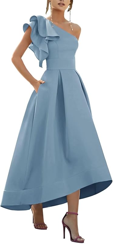 One Shoulder Satin Mother of Bride Dresses 2025 High-Low Ruffle Formal Evening Party Gowns