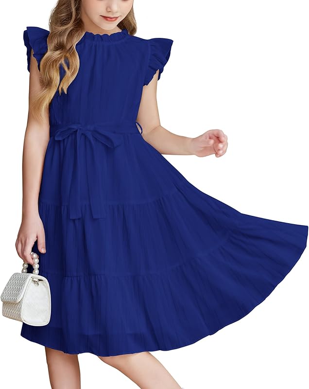 Arshiner Tween Girls Summer Dress Formal Ruffle Sleeve A Line Casual Elegant Dresses with Belt