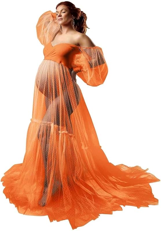 Off Shoulder Tulle Maternity Dress for Photoshoot Puffy Sleeve Wedding Bridal Pregnancy Robe Baby Shower Photography