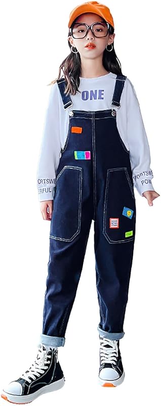 Rolanko Girls Overalls Denim Bib Distressed Jumpsuit Kids Blue Baggy Jean Pants 4-14 Years with Pockets