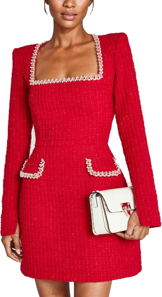 LETSVDO Women's Elegant Tweed Dress Long Sleeve Square Neck Pearl A Line Classy Formal Party Mini Dresses Fall 2024