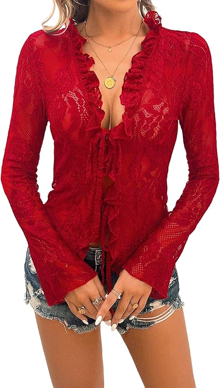 Lace Tops for Women Long Sleeve See Through Sexy Sheer Mesh Crop Top Shirt Open Front Tie Blouse Ruffle for Women