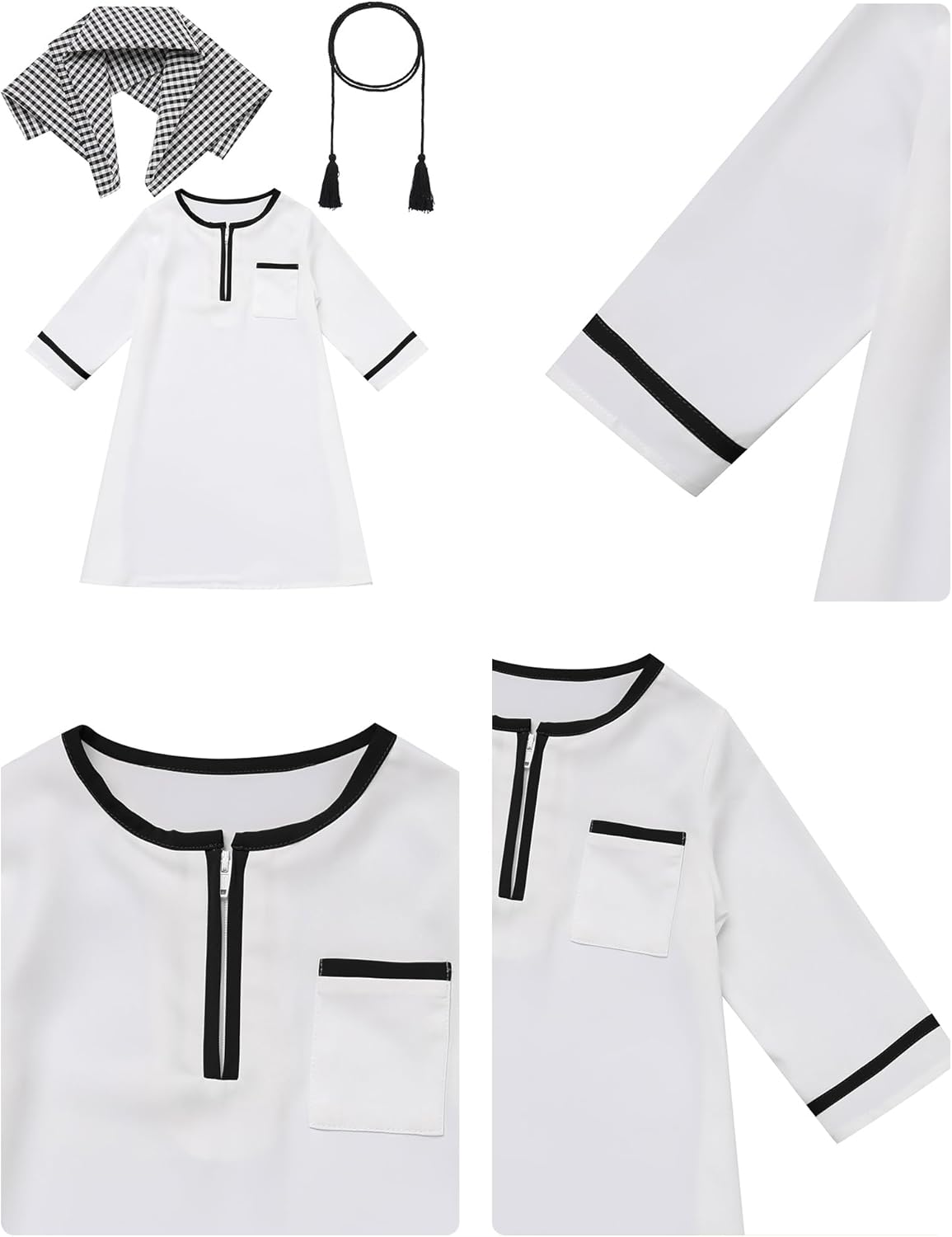 IDOPIP Muslim Baby Boys Prayer Clothes Kaftan Thobe Arabic Islamic Abaya Dubai Robe with Head Scarf + Rope Ramadan Eid Outfit