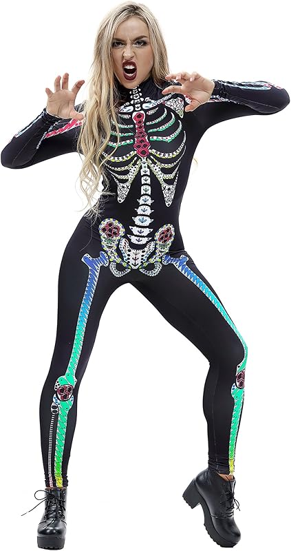 JJEUWE Women's Skeleton Halloween Bodysuit Costume Stretch Skinny Catsuit Jumpsuit