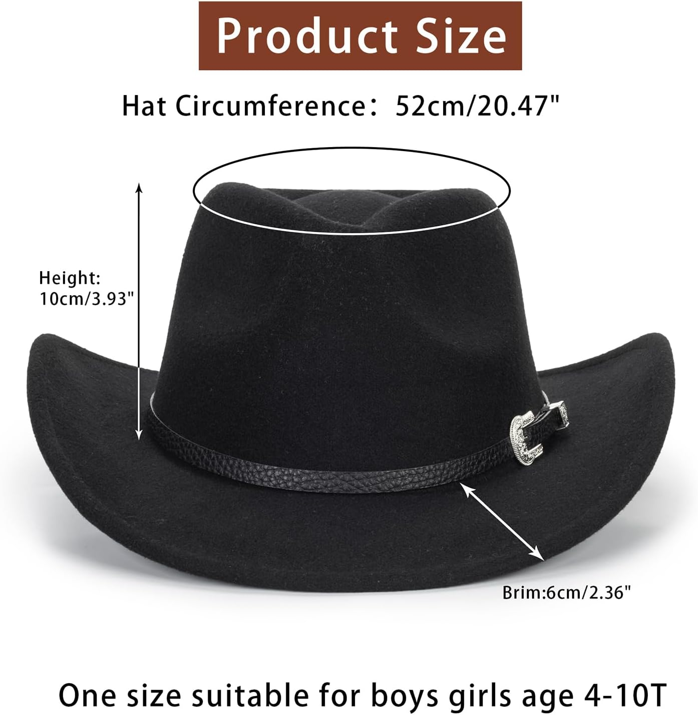 Western Cowboy Cowgirl Hat for Kids - Classic Boys Girls Felt Rodeo Fedora Hat with Belt Buckle (for Kids 4-10 Years)