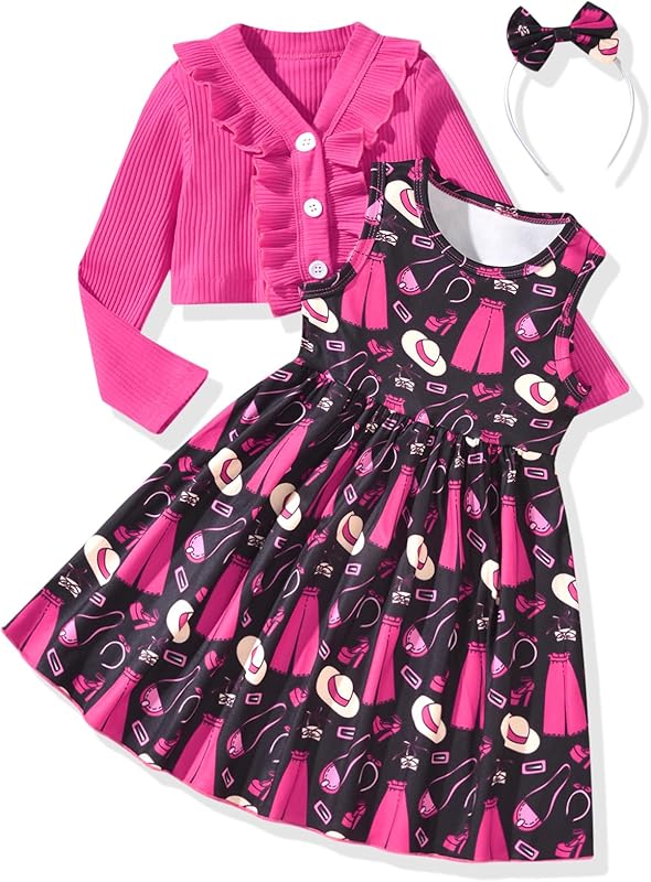 HINTINA Toddler Little Girls Dress And Cardigan Sets 2 Piece Floral Print Sleeveless Dress and Long Sleeve Cardigan Set