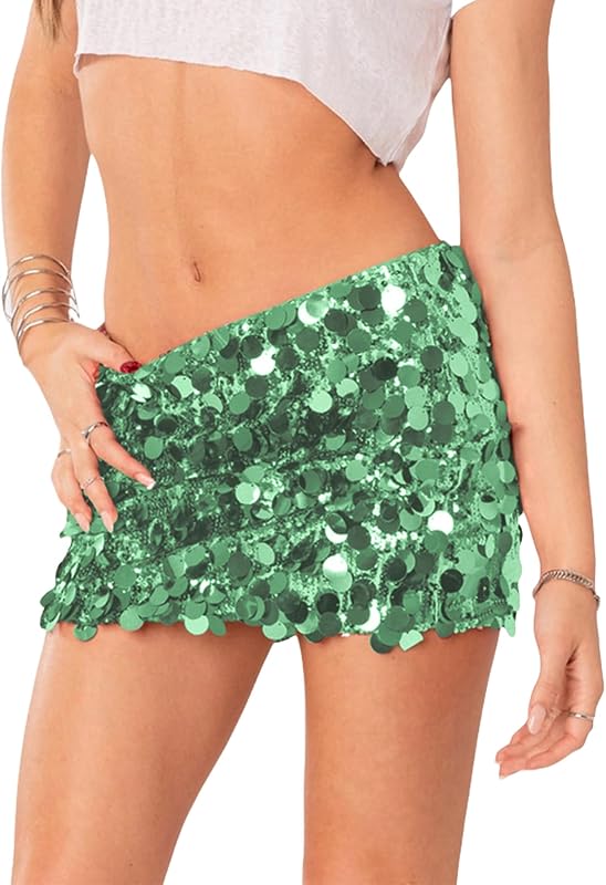 ANKOMINA Women's Sexy Shiny Sequin Mini Skirt Glitter Low Waist Pencil Skirts Bodycon Dance Party Club Short Skirt