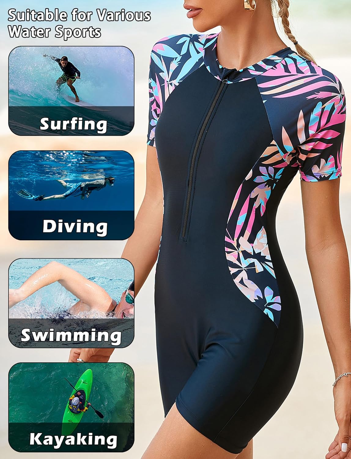 SEAUE Women's Short Sleeve Rash Guard One Piece Bathing Suit with Skirt Zip Front Swimwear UPF 50+