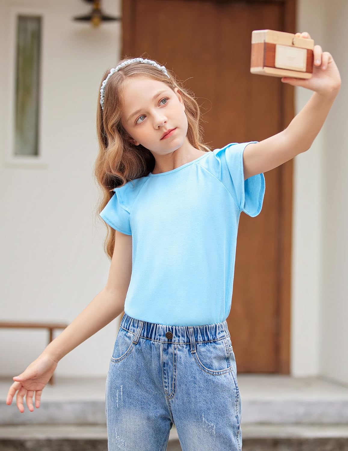 Girls T Shirts Ruffle Short Sleeve Round Neck Loose Blouse Summer Solid Color Casual Girl Tee Tops for 3-12 Years