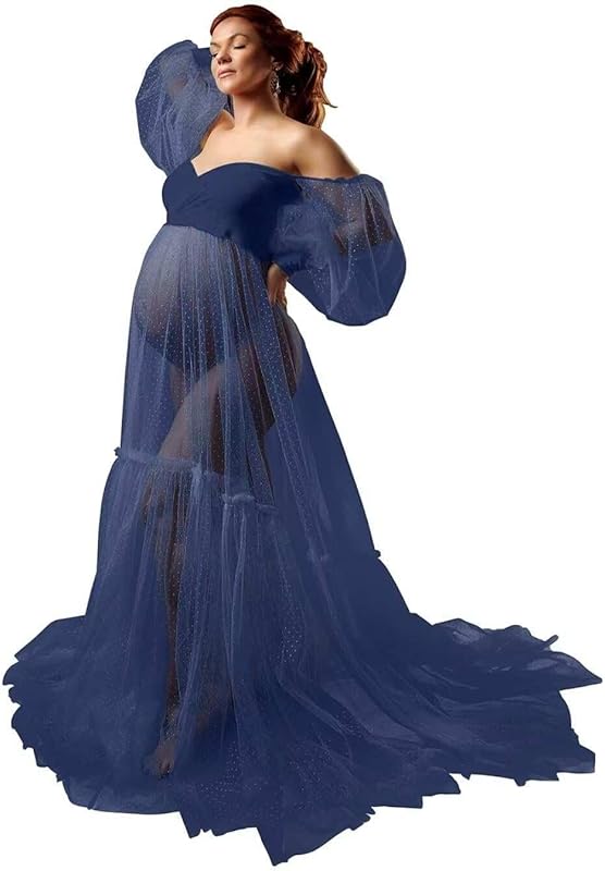 Off Shoulder Tulle Maternity Dress for Photoshoot Puffy Sleeve Wedding Bridal Pregnancy Robe Baby Shower Photography