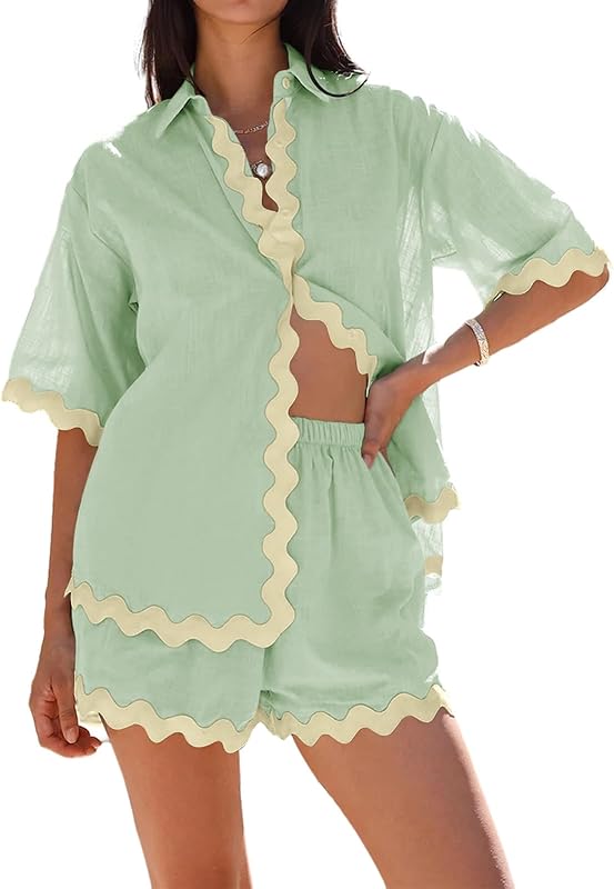 Danedvi Womens 2 Piece Outfits Beach Vacation Summer Short Sleeve Button Down Shirts and Shorts Lounge Sets